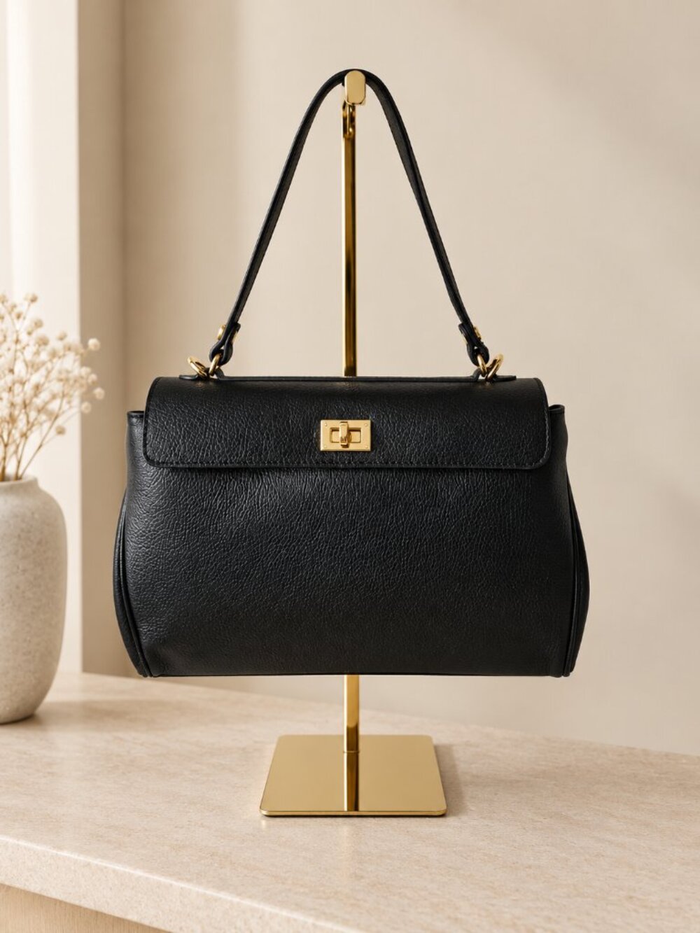 Black Italian Leather Handbag, Structured Shoulder Crossbody Bag